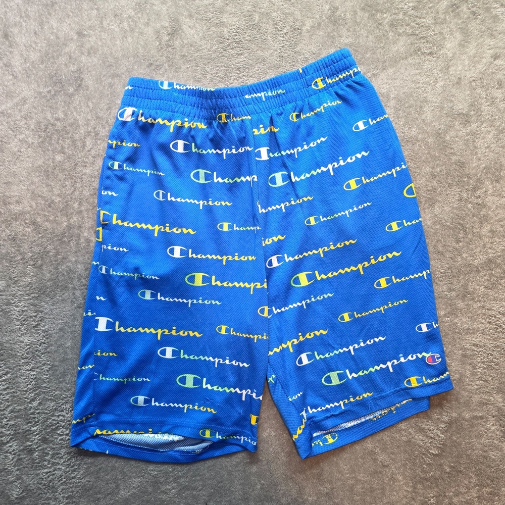 Champion Shorts Boys 18-20 Blue Allover Logo Mesh Basketball Gym Training